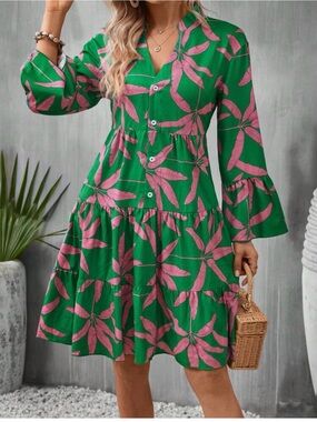 Green and Pink Floral Tiered Long-Sleeve Button Dress